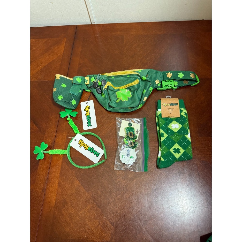 Tipsy Elves St Patricks Day Green Shamrock Fanny Pack Socks Headband earring set